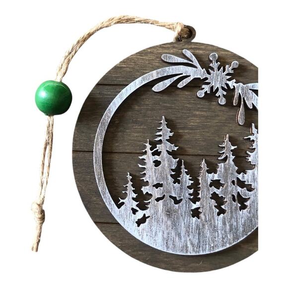 Whimsical Brown Rustic Etched Silver Trees Brown Ornament Hand Painted Wood - Picture 5 of 8